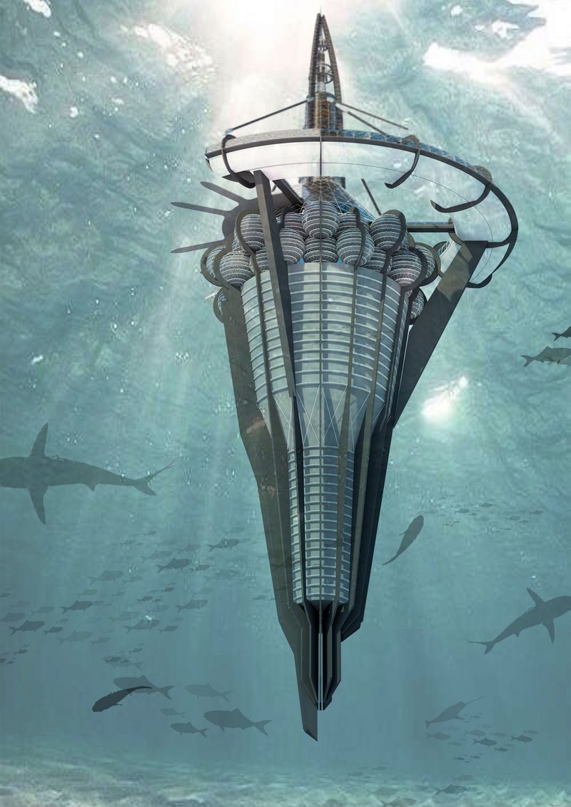 Vertical section through the central core, revealing the layered relationship between underwater infrastructure and above-water public spaces.