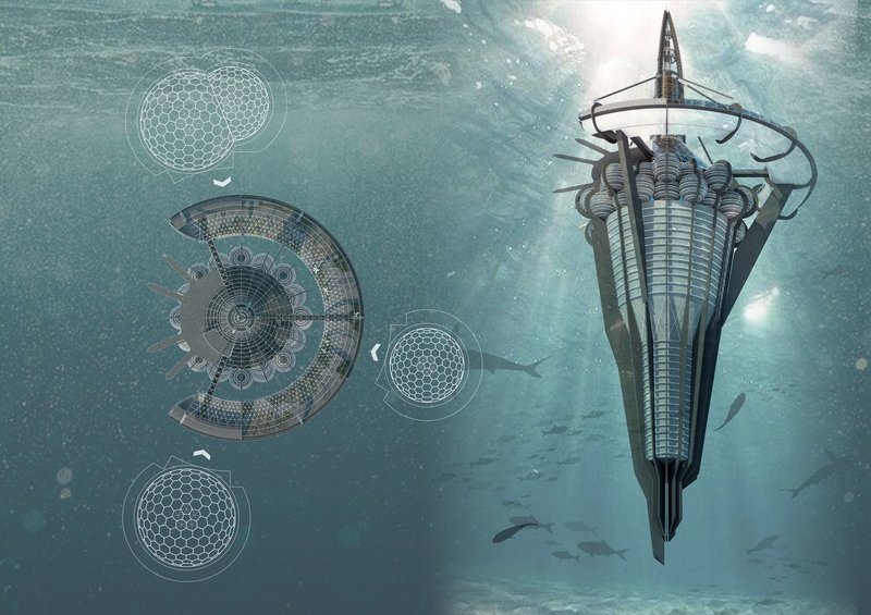 Structural and spatial axonometric, highlighting the modular geometry, energy systems, and circulation logic of the complex.