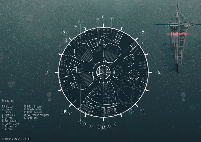 Circular plan of recreational facilities, organizing dining, entertainment, and public amenities around a resilient offshore core.