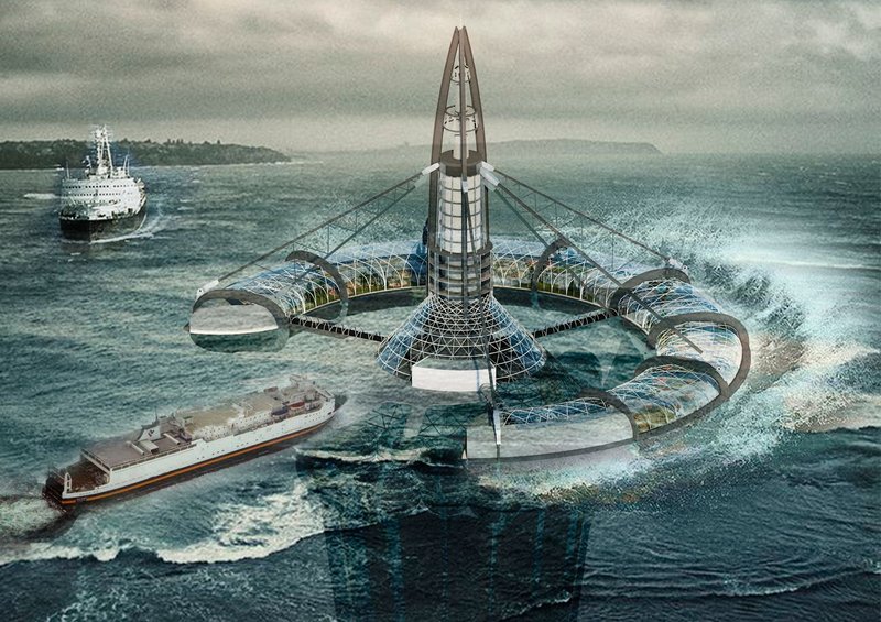 Aerial view of Narwall, an autonomous offshore architectural complex designed to serve maritime routes in extreme Arctic waters.