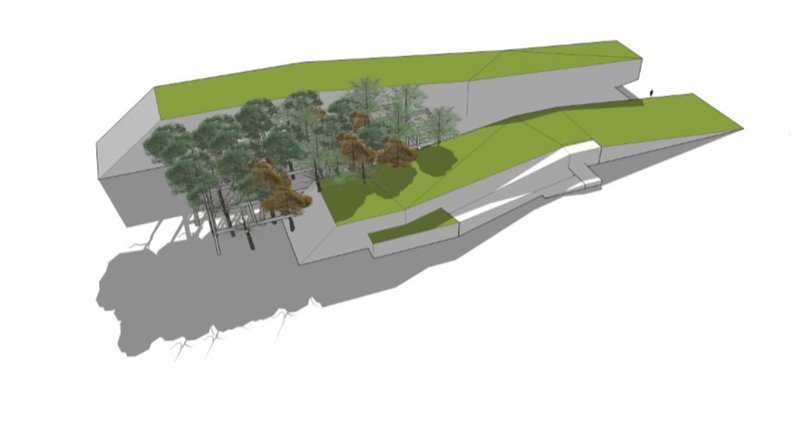 Terraced green roof and ramp system blending the built form with the natural landscape.