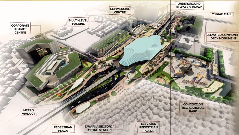 Integrated MRTS corridor design connecting commercial, recreational, and pedestrian zones into a continuous public realm.