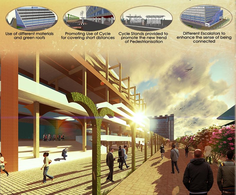 Pedestrian-focused public space activating the metro precinct through walkability, greenery, and social interaction.