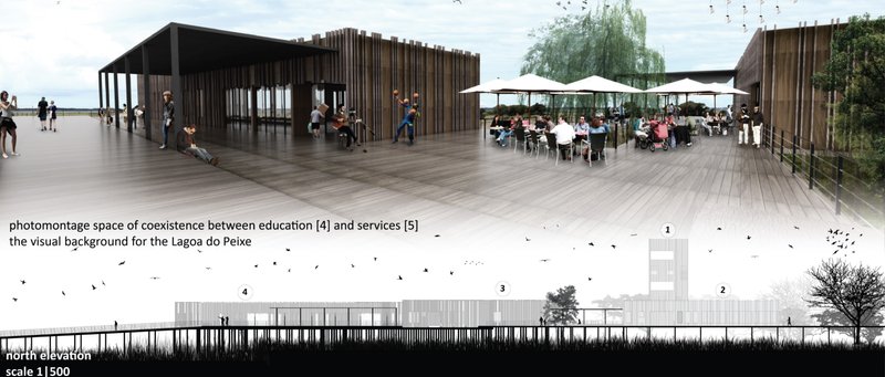 Coexistence zone between educational and service modules, forming a human-scale civic space within the Lagoa do Peixe National Park.