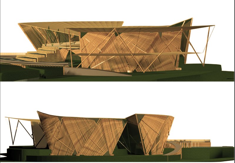 Bamboo-clad architectural forms expressing vernacular identity through contemporary design.