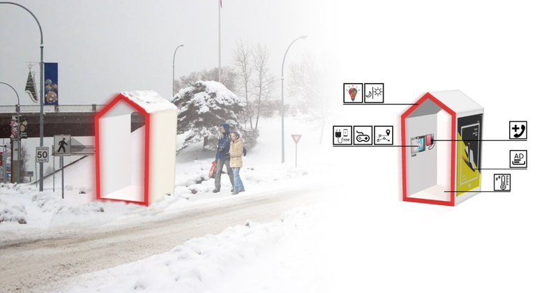 A human-scaled shelter along the roadside, offering safety, visibility, and protection within extreme weather conditions.