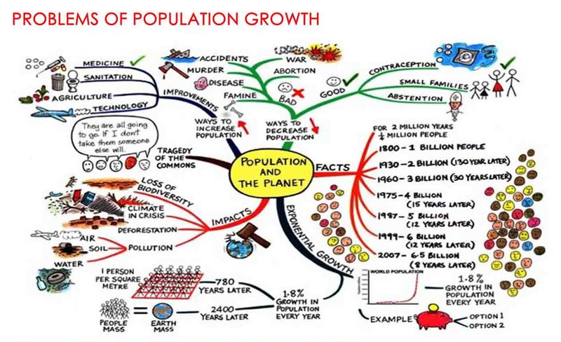 Visual mapping of exponential population growth and its environmental, social, and ecological impacts.