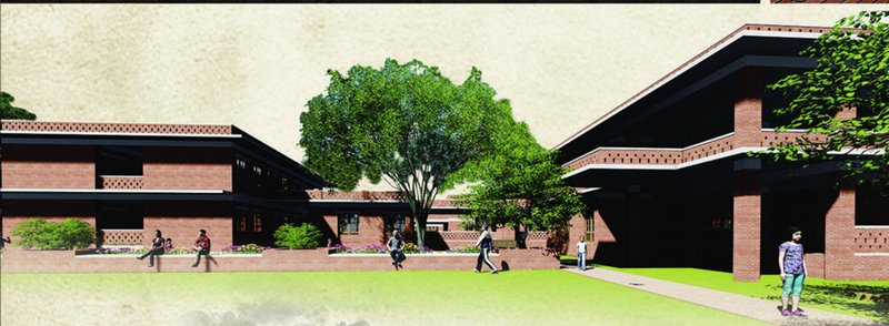 Low-rise brick architecture frames green courts, reinforcing identity, dignity, and community living.