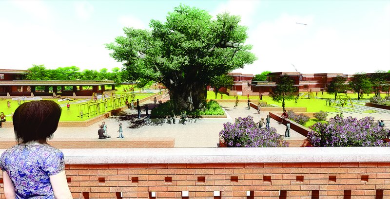 The central community court acts as a shared social heart, blending landscape, play, and informal gathering.