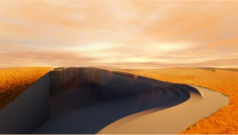 Earth-integrated form using terrain as thermal insulation and spatial enclosure.