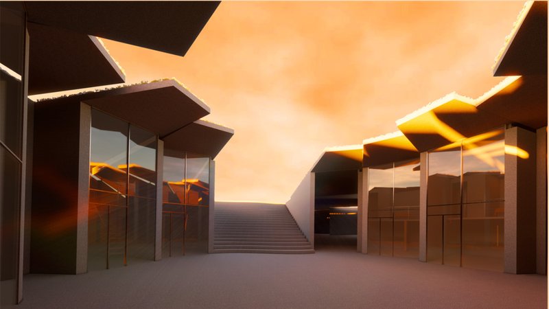 Central courtyard framed by extended eaves, creating shaded communal zones.