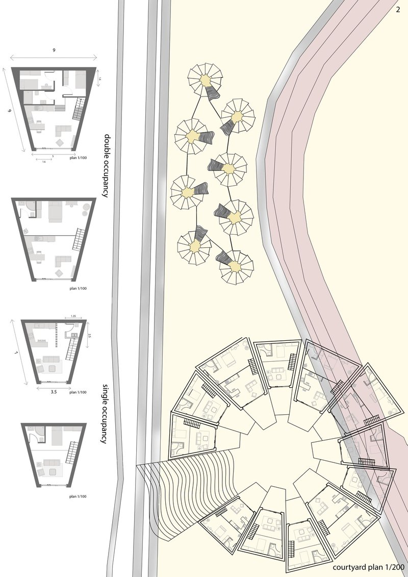 Radial courtyard plan establishing clear public, semi-private, and private spatial hierarchy.