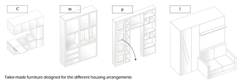 Modular living units enable adaptable residential configurations for emergencies, hospitality, work, and short-term housing.