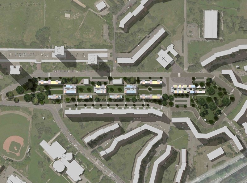 Perspective view illustrating the integration of temporary housing within a landscaped public realm.