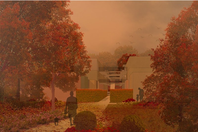 Seasonal rendering showcasing the human-scale experience and adaptability of the modular housing environment.