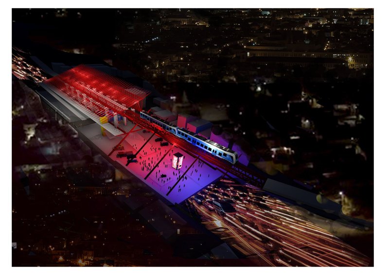 Night-time visualization highlighting the stitched public realm beneath elevated transit infrastructure.