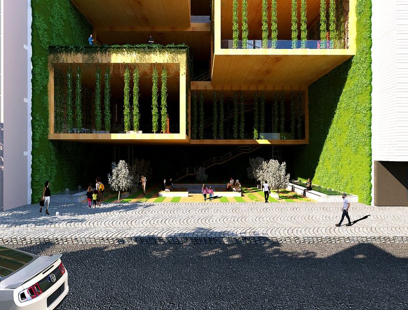 Ground-level public plaza integrating greenery into dense urban fabric