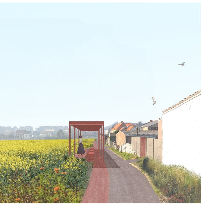 A sheltered pathway acting as a transition between urban settlements and open agricultural fields.