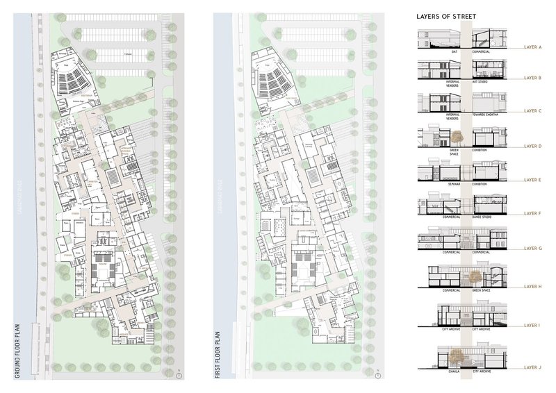 Ground and first-floor plans revealing the integration of cultural, social, and commercial civic programs.