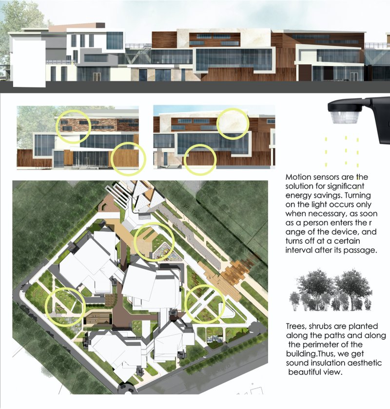 The architectural massing balances transparency and solidity through layered facades, natural materials, and generous glazing.