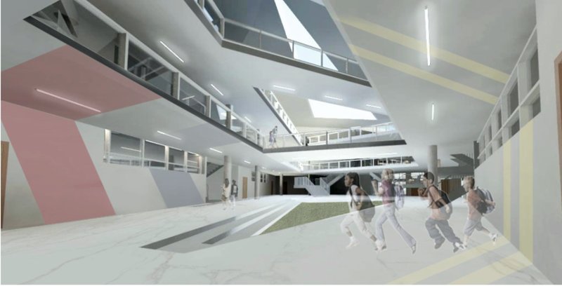 A multi-level interior atrium encourages movement, visual connection, and informal interaction within the educational core.