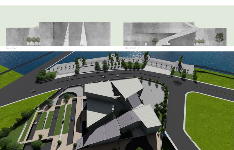 Aerial view highlighting the museum’s relationship with the riverfront, plazas, and surrounding urban infrastructure.