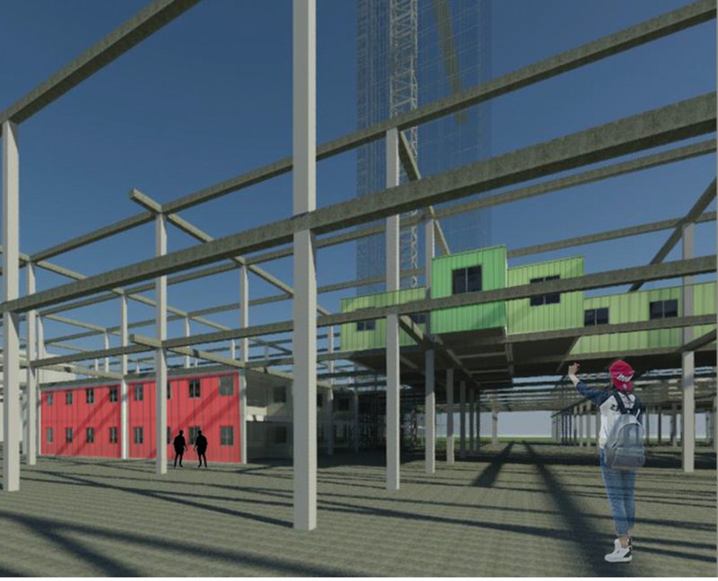 Movable container units suspended within the steel framework, emphasizing adaptability and growth.