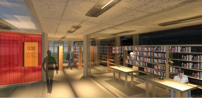 Interior reading spaces housed within containers, combining industrial structure with focused learning environments.