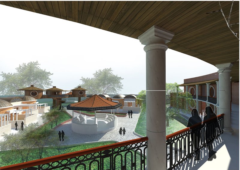 View from the psychological rehabilitation block overlooking the central healing courtyard.