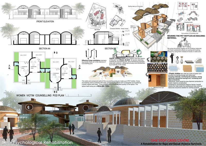 Counselling pod design illustrating trauma-informed spatial planning and passive ventilation.