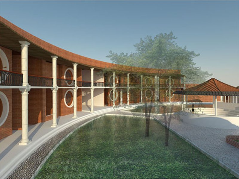 Central water court acting as a reflective, restorative space within the crisis centre.