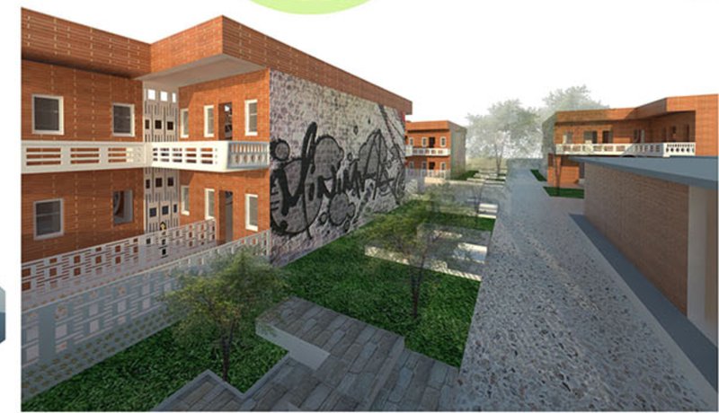 Shelter housing blocks integrated with art walls as tools for expression and healing.