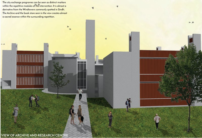 Archive and Research Centre, conceived as a sacred core within the repetitive architectural modules of the campus.