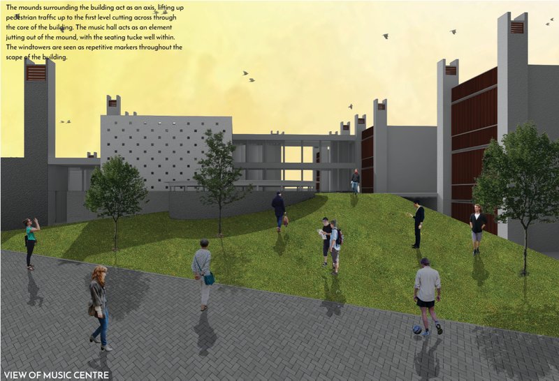 View of the Music Centre, where landscaped mounds guide movement and frame the building as a public cultural anchor.