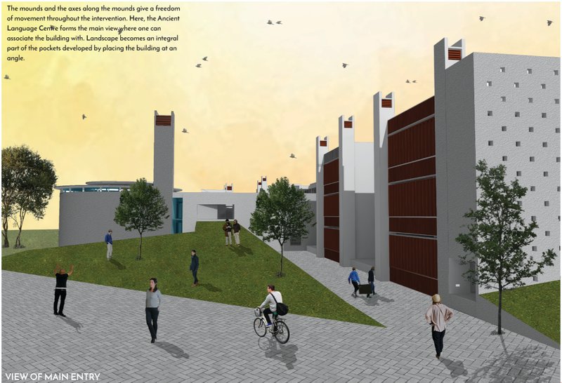 Main entry sequence, integrating mounds, axes, and pedestrian movement to dissolve boundaries between city and institution.
