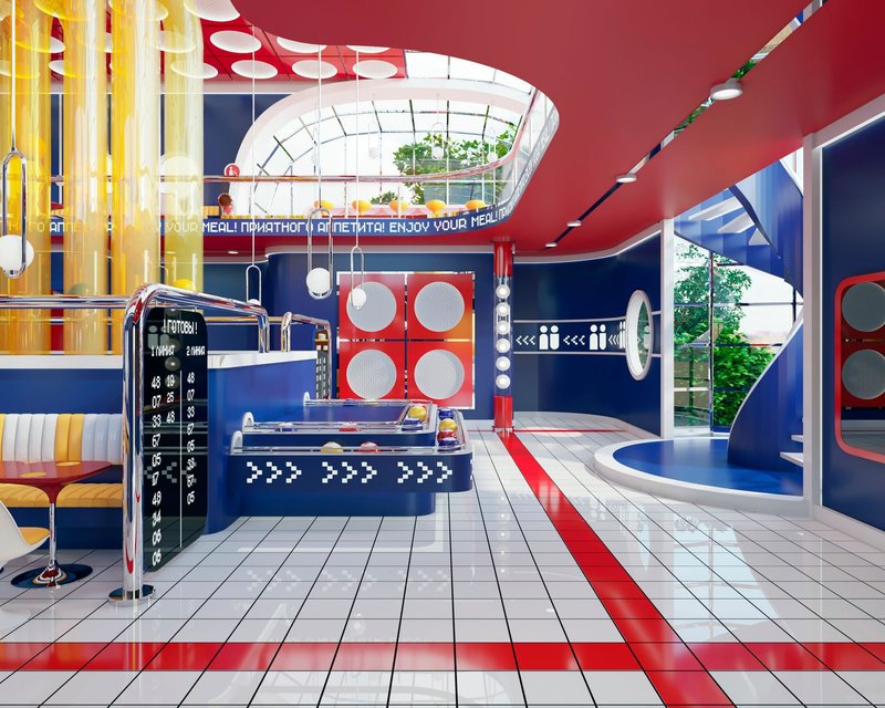 The central automated conveyor system transforms food distribution into a kinetic spatial experience.