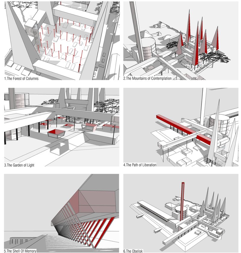 Conceptual fragments translating memory into spatial sequences—columns, voids, and vertical markers of loss.