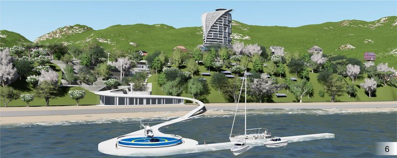 Apart-hotel integrated into the coastal landscape, connecting hillside terrain to the seafront.