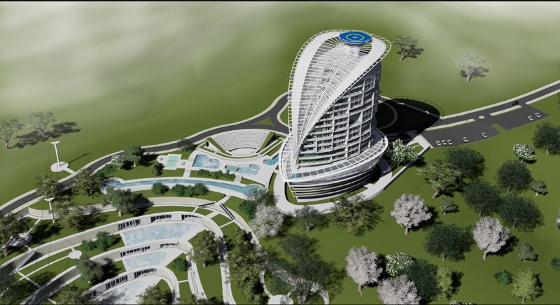 Aerial view highlighting the sculptural tower, landscape terraces, pools, and amphitheater.