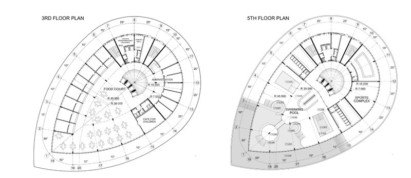 Food court, swimming pool, and sports facilities organized within a curved plan geometry.
