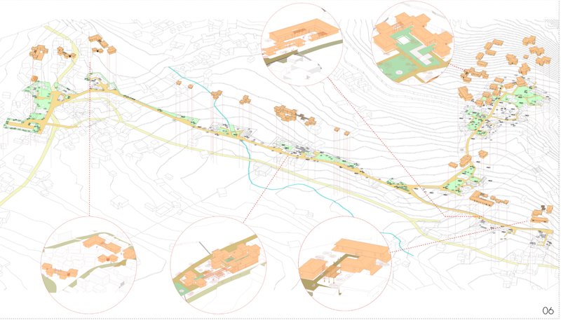 Spatial organization of artist residences, studios, training facilities, and communal spaces within the landscape.