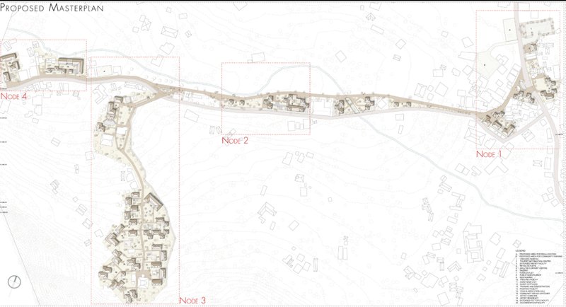 Linear, node-based masterplan structuring cultural, residential, and public programs along Andretta’s primary movement spine.