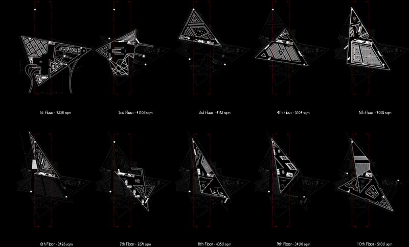 Rotating triangular floor plates create varied spatial experiences across levels.