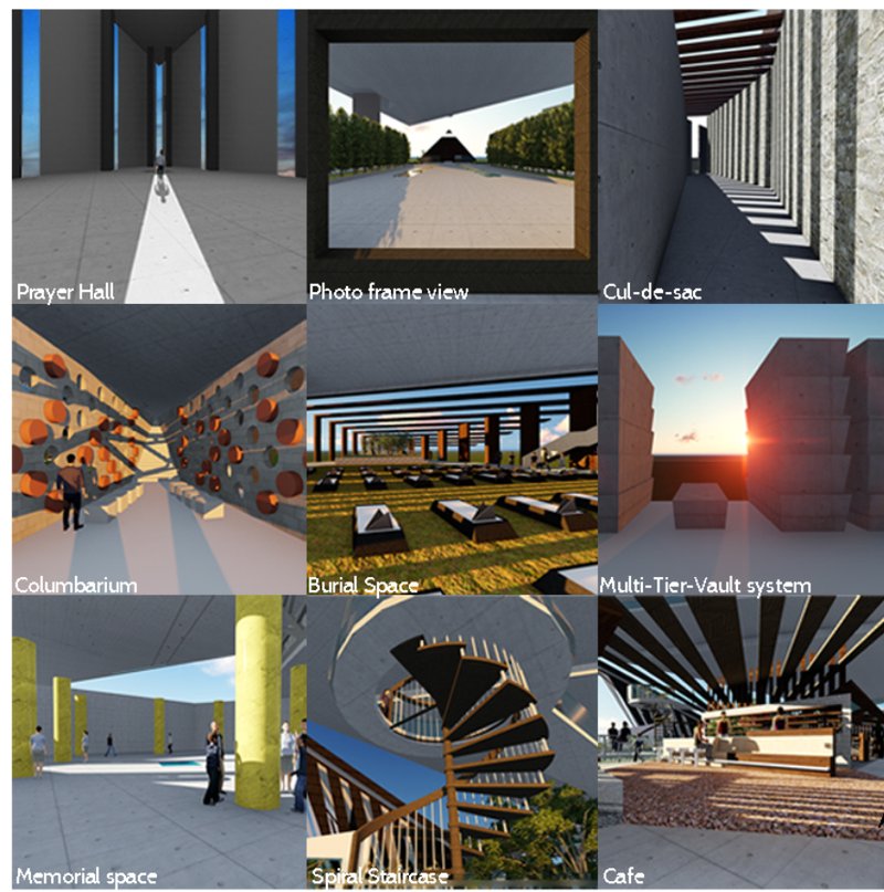 Experiential spaces within the vertical cemetery—ritual, remembrance, and public life woven into a continuous architectural journey.