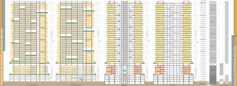 Elevation and sectional study of the container-based high-rise housing system in Dharavi, Mumbai.