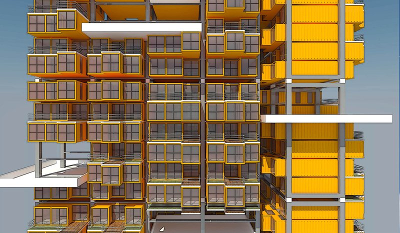 Interior views highlighting efficient spatial planning, daylight access, and compact living within container modules.