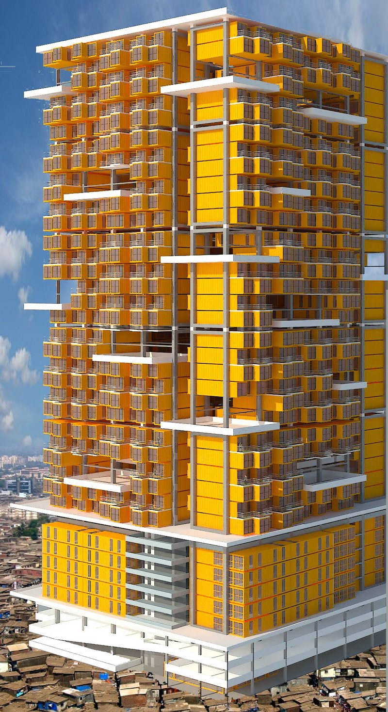 Overall aerial visualization of the high-rise affordable housing prototype rising above the Dharavi fabric.