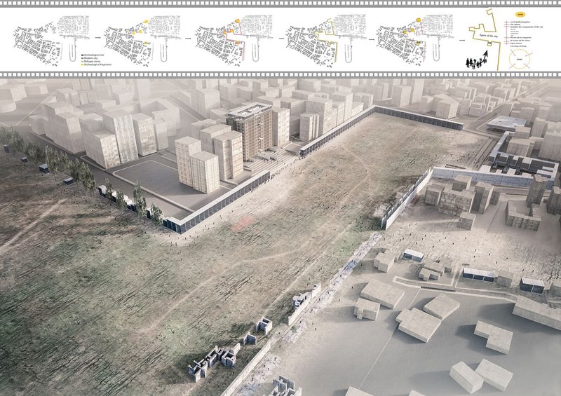 Urban strategy visualizing the archaeological void as a connective public corridor within Tyr’s dense city fabric.
