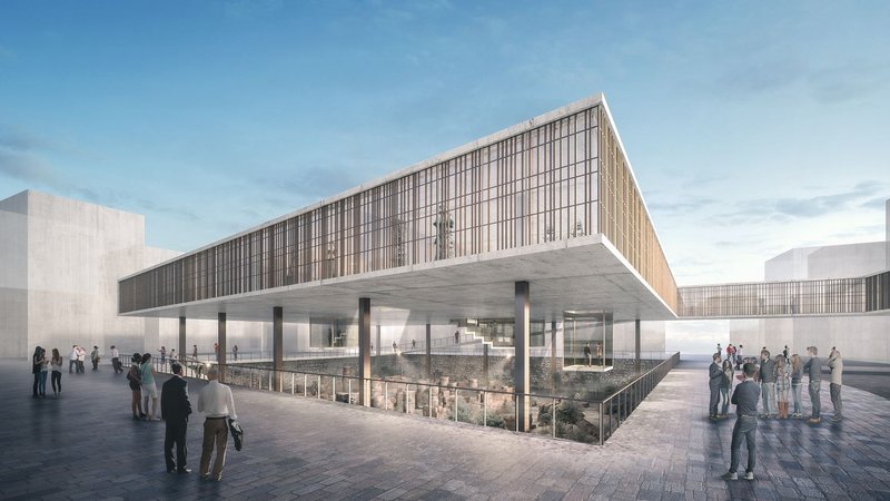 The Museum of the City hovering above ruins, creating a porous interface between heritage and contemporary public life.