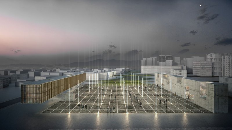 Interior passage framed by vertical screens, emphasizing light, scale, and the experience of inhabiting the limit.